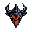 dark metal insignia resembling a death knight helmet, glowing red from within, regal and sharp