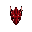 stylized red crest emblem shaped like a dark knight helmet with glowing red eyes, sharp and angular