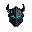 minimalist knight visor icon in black metal with cyan glow lines and curved horns