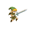 an elf with a sword and shield, attacking with her sword while jumping 5 frames of animation