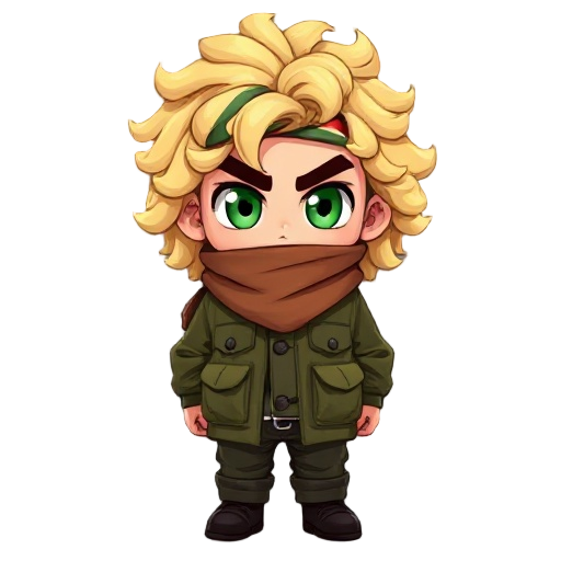 cute chibi character with voluminous curly blonde hair, determined green eyes under arched brows, wearing a palestinian keffiyeh scarf, oversized olive-green military jacket with front pockets, dark s
