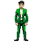 a humanoid male character with a pixel art texture on a low-poly 3d model. he wears a green suit with a white shirt, dark shoes, and has short, neatly combed dark hair. his stance is neutral