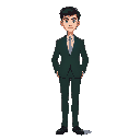a humanoid male character. he wears a dark green suit with a white shirt, dark shoes, and has short, neatly combed dark hair. his stance is neutral