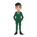 a humanoid male character with a pixel art texture on a low-poly 3d model. he wears a green suit with a white shirt, dark shoes, and has short, neatly combed dark hair. his stance is neutral, fitting 