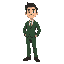 a humanoid male character. he wears a green suit with a white shirt, dark shoes, and has short, neatly combed dark hair. his stance is neutral