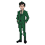 a humanoid male character with a pixel art texture on a low-poly 3d model. he wears a green suit with a white shirt, dark shoes, and has short, neatly combed dark hair. his stance is neutral