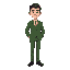 a humanoid male character with a pixel art texture on a low-poly 3d model. he wears a green suit with a white shirt, dark shoes, and has short, neatly combed dark hair. his stance is neutral, fitting