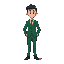a humanoid male character with a pixel art texture on a low-poly 3d model. he wears a green suit with a white shirt, dark shoes, and has short, neatly combed dark hair. his stance is neutral, fitting 