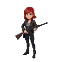a red haired woman in a leather jacket, holding a shotgun