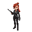 a red haired woman in a leather jacket, holding a shotgun