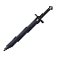 long, dark ceremonial sword with a thin crossguard, worn fabric grip, and a pale egg symbol near the hilt. matte steel texture, desaturated colors.ù