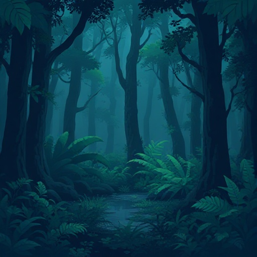 dark forest, floor view, lots of vegetation, humid, blue, grey and green tones, 8-bit