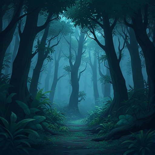 dark forest, floor view, lots of vegetation, humid, blue, grey and green tones,