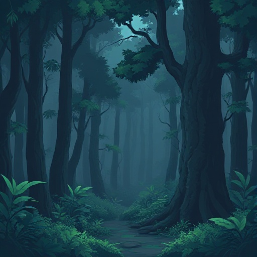 dark forest, floor view, lots of vegetation, humid, blue, grey and green tones, 8-bit, 16-bit, retro, background, wallpaper size, camera next to a tree, with a non-symmetrical composition