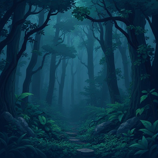 dark forest, floor view, lots of vegetation, humid, blue, grey and green tones, 8-bit, 16-bit, retro