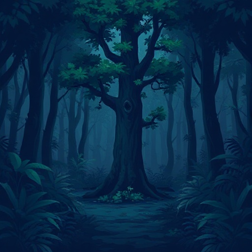 dark forest, floor view, lots of vegetation, humid, blue, grey and green tones, 8-bit, 16-bit, retro, background, wallpaper size, camera near a tree, with a non-symmetrical composition