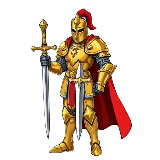 generatee king arthur as a knight wearing full gold armor with red cape, escalibur as his weapon using 90''s beat'n up capcom games as refereencee
