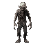 a realistic-looking decaying male shambling zombie with exposed ribs and a tattered grey shirt and pants. it has a gaunt face and a menacing, open-mouthed snarl.