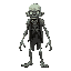 decaying zombie with exposed ribs and a tattered grey coat. it has a gaunt face, bald head, and a menacing, open-mouthed snarl.