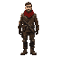 a 35 year old rugged male adventurer with a short beard, wearing a brown weathered leather jacket, red scarf, and boots, armed with a rifle and equipped with a utility belt. kneepads. black gloves.