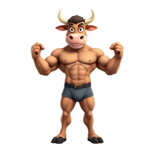 muscle man fursona cow, wearing briefs, looking to the front, flexing arms