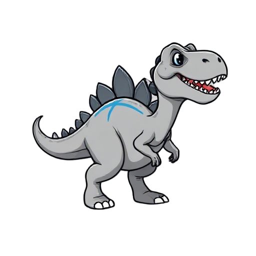 genera un cuadro por cuadro de un dinosaurio caricaturesco de color gris y en su espalde tenga una línea de color azul.
