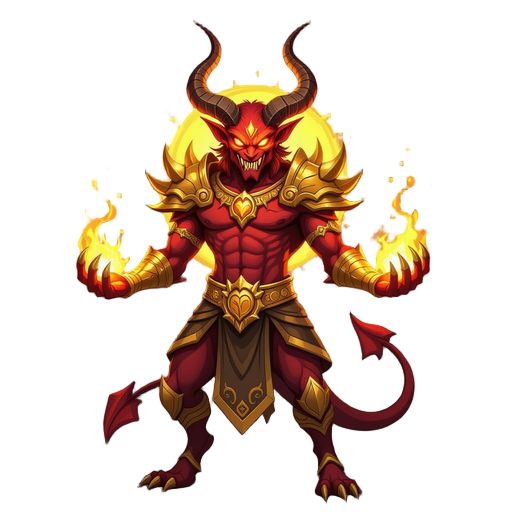 greed demon overlord, half-human half-demon with molten gold skin, sharp claws made of pure gold, horns shaped like twisted coins, glowing eyes, golden aura radiating from body, elegant and terrifying, dark fantasy illustration, powerful stance, cinematic