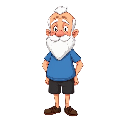 cartoon character of an old man with a white beard, bald on the top of his head. he is wearing a blue t-shirt, black shorts, and brown shoes. the style should be simple, clean, and colorful, with a friendly expression. full body view, standing pose.