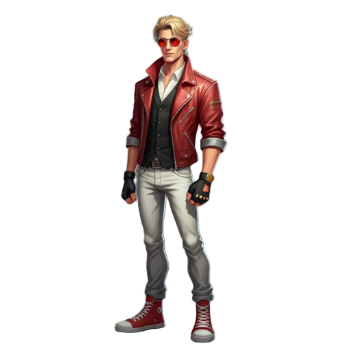 35 yrs old man, blond flock of seagulls hair, red leather jacket with rolled sleeves, black fingerless gloves, black vest, white jeans, red high-top trainers, sunglasses with gold rims and red tint
