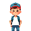 a boy wearing a baseball cap and backpack. he is wearing jeans and a white t-shirt. the background is his bedroom interior which has blue walls and his bed behind him.