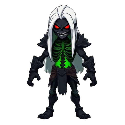dark humanoid warrior, long white hair, glowing red eyes, his chest is green and has black skeleton 