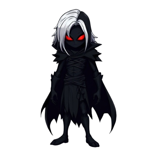 dark humanoid character, full black body, glowing red eyes, shadowy mist around, long white hair, tattered black cape, sinister and betrayed appearance, dark and ominous atmosphere.