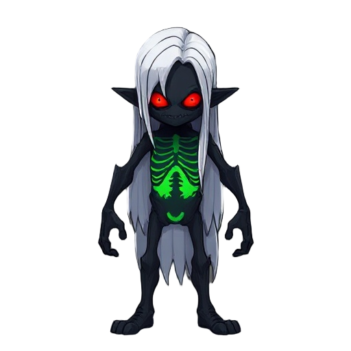 dark humanoid, long white hair, glowing red eyes, his chest is green and has black skeleton 