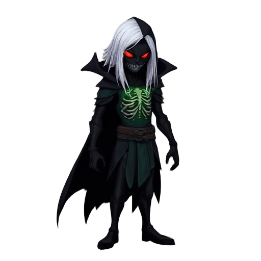 dark humanoid character, full black body, glowing red eyes, shadowy mist around, long white hair, tattered black cape, sinister and betrayed appearance, green chest with a skeleton.