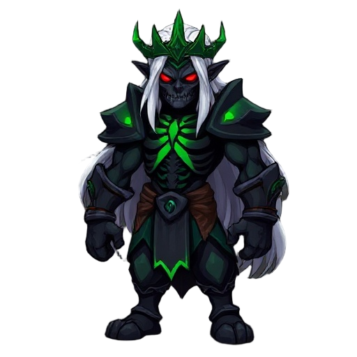 dark humanoid warrior, long white hair, glowing red eyes, his chest is green and has black skeleton, has a green domino crown, not barbe