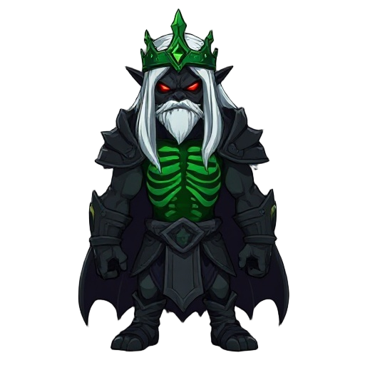 dark humanoid warrior, long white hair, glowing red eyes, his chest is green and has black skeleton, has a green domino crown