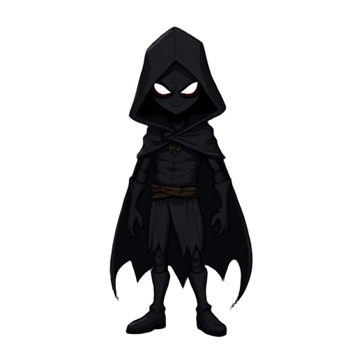 dark humanoid character, full black body, featureless face or glowing white/red eyes, shadowy mist around, tattered black cape, sinister and betrayed appearance, dark and ominous atmosphere.