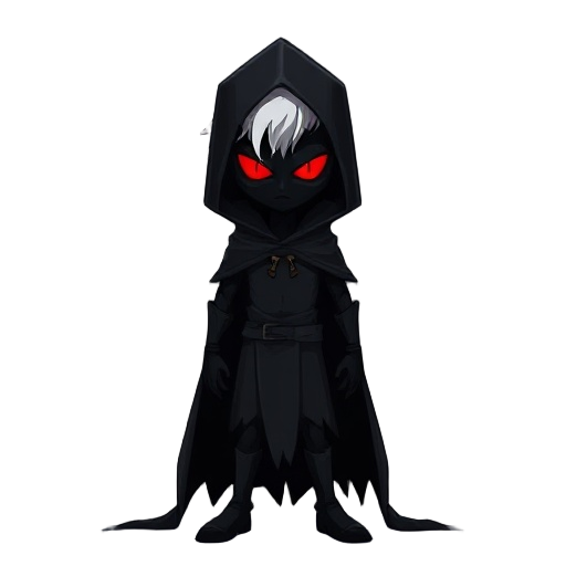 dark humanoid character, full black body, featureless face or glowing red eyes, shadowy mist around, white hair, tattered black cape, sinister and betrayed appearance, dark and ominous atmosphere.