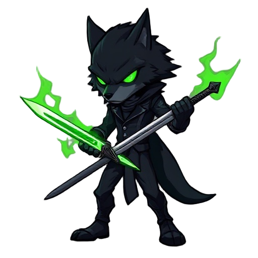 humanoid figure in a black suit, with the head of a black-furred wolf or dog, glowing green eyes, wielding a long sword. surrounded by green energy aura, sinister and aggressive appearance. fusion of 