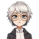 silver-blond short-haired female alchemist with large round gold glasses
