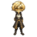 silver-blond short-haired female alchemist with large round gold glasses