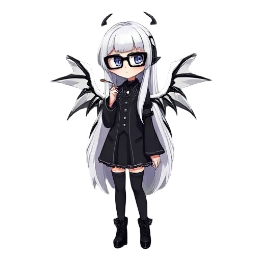 long white hair, long white wings, black gothic outfit, black square glasses, smoking cigaratte girl