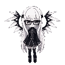 long white hair, long white wings, black gothic outfit, black square glasses, smoking cigaratte girl