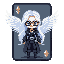 make a pixel card character have white wings, white long hair, squre glasses, gothic outfit and add ethereum symbol on the card