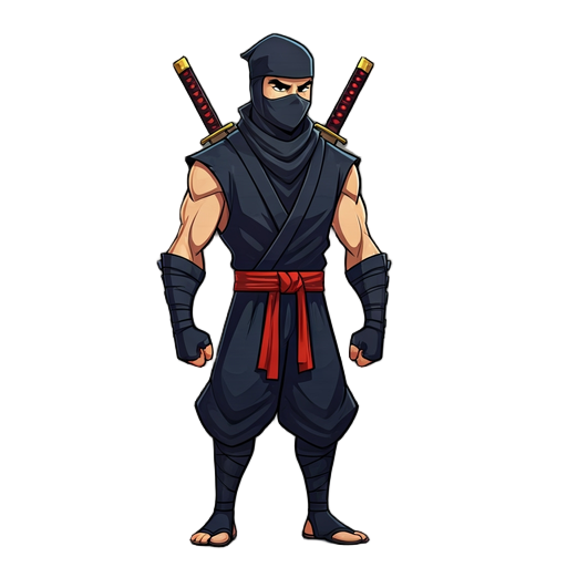 ninja character, has 2 swords. idle, forward, backward, hit with his sword, throw sword, ko, victory celebration