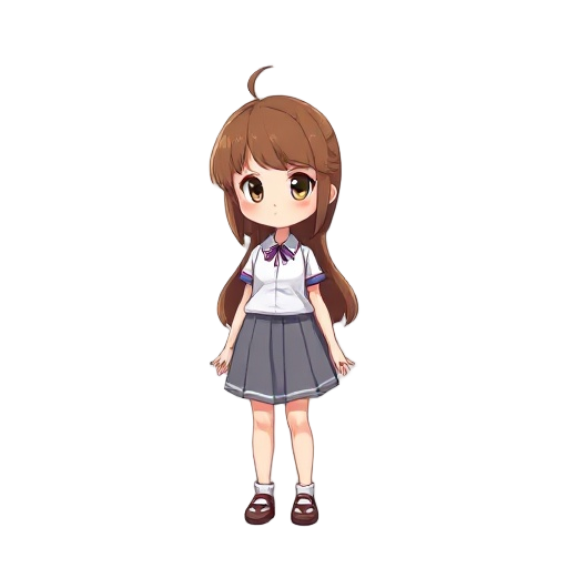 brown hair girl, with skirt and white shirt