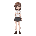 slim brown hair girl, with skirt and white shirt