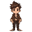 a pixel art character of a young male adventurer named minh. he has messy brown hair, dark expressive eyes, and a confident expression. he wears a brown adventure jacket with rolled-up sleeves, a whit