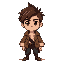a pixel art character of a young male adventurer named minh. he has messy brown hair, dark expressive eyes, and a confident expression. he wears a brown adventure jacket with rolled-up sleeves, a whit