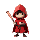 a red cloaked cute character holding a baseball bat